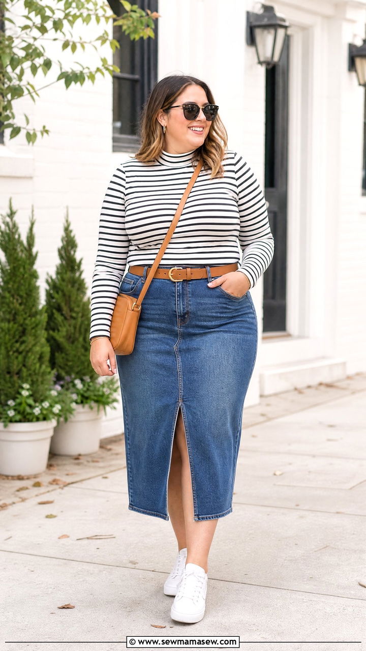 Striped Mock Neck Top With Denim Skirt - 20 plus size mock neck top outfit ideas