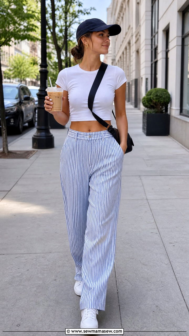 Striped Pants With Crop Top And Sneakers - 20 crop top with striped pants outfit ideas