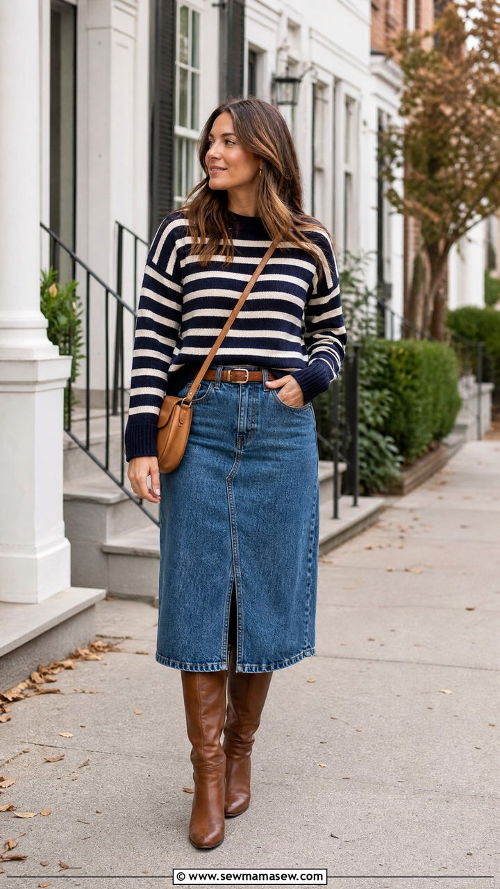 Striped Sweater With Denim Skirt - 20 cozy sweater outfit ideas