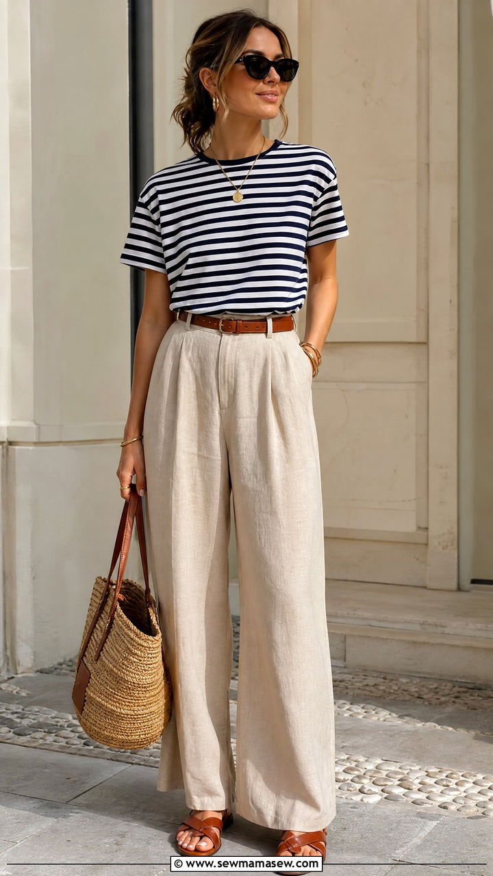Striped T Shirt And Wide Leg Pants Outfit - 20 t shirt outfit ideas