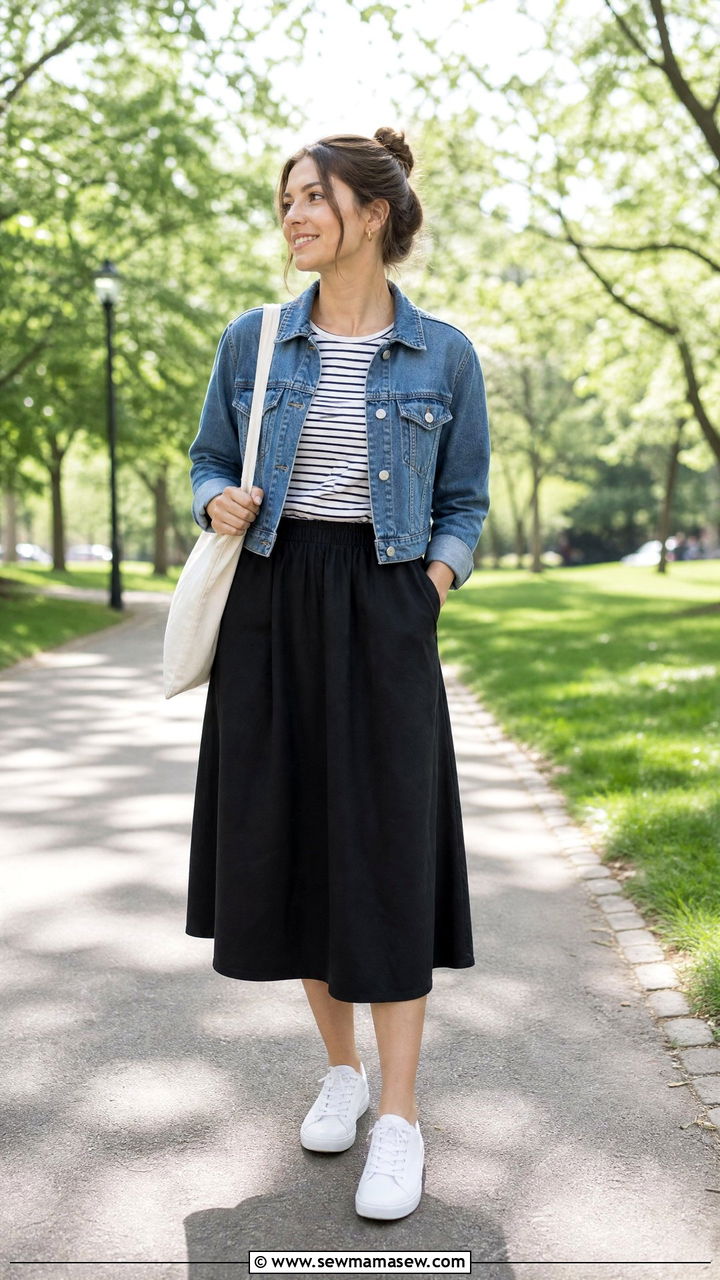 Striped T Shirt With Denim Jacket And Skirt - 20 striped t shirt outfit ideas