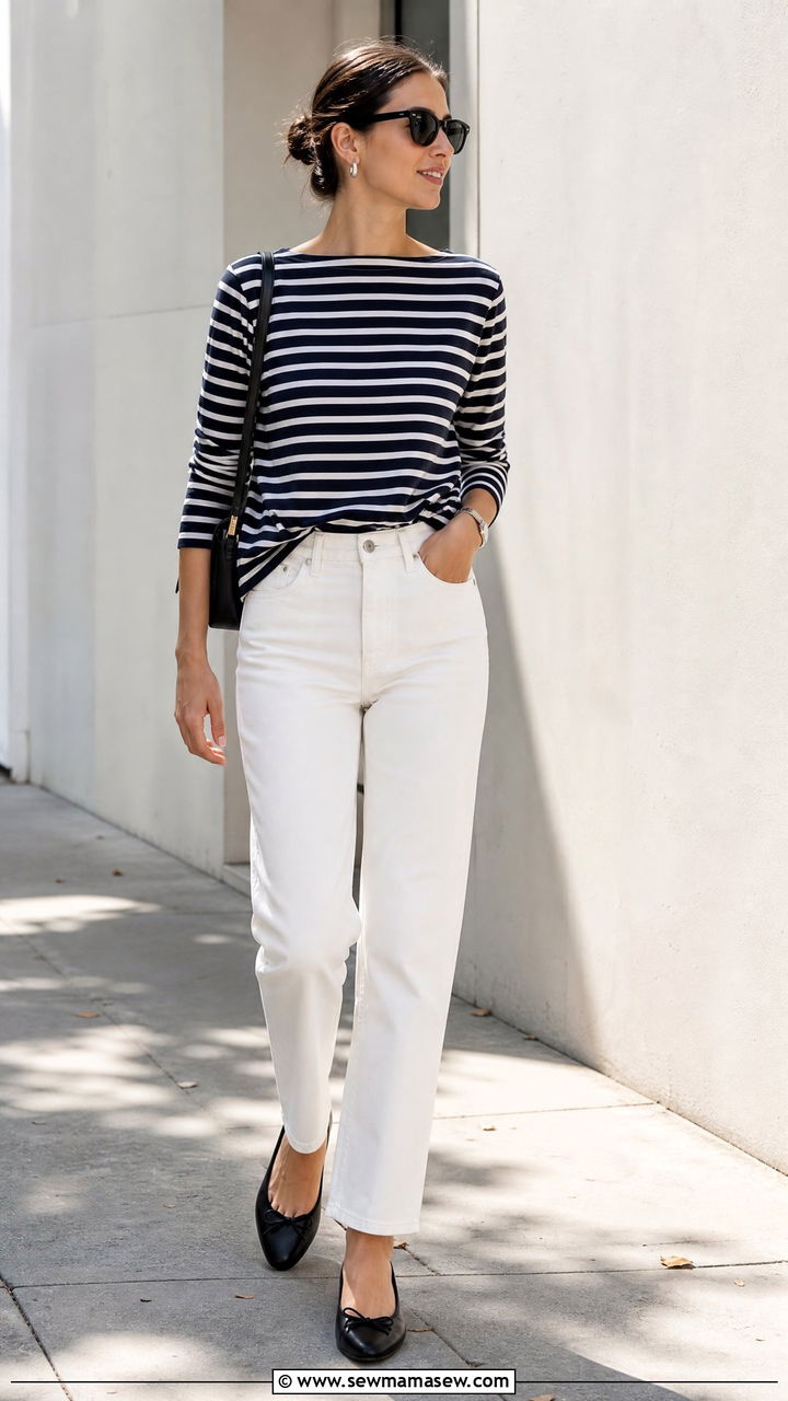 Striped Top And White Jeans Outfit - 20 minimalist top outfit ideas