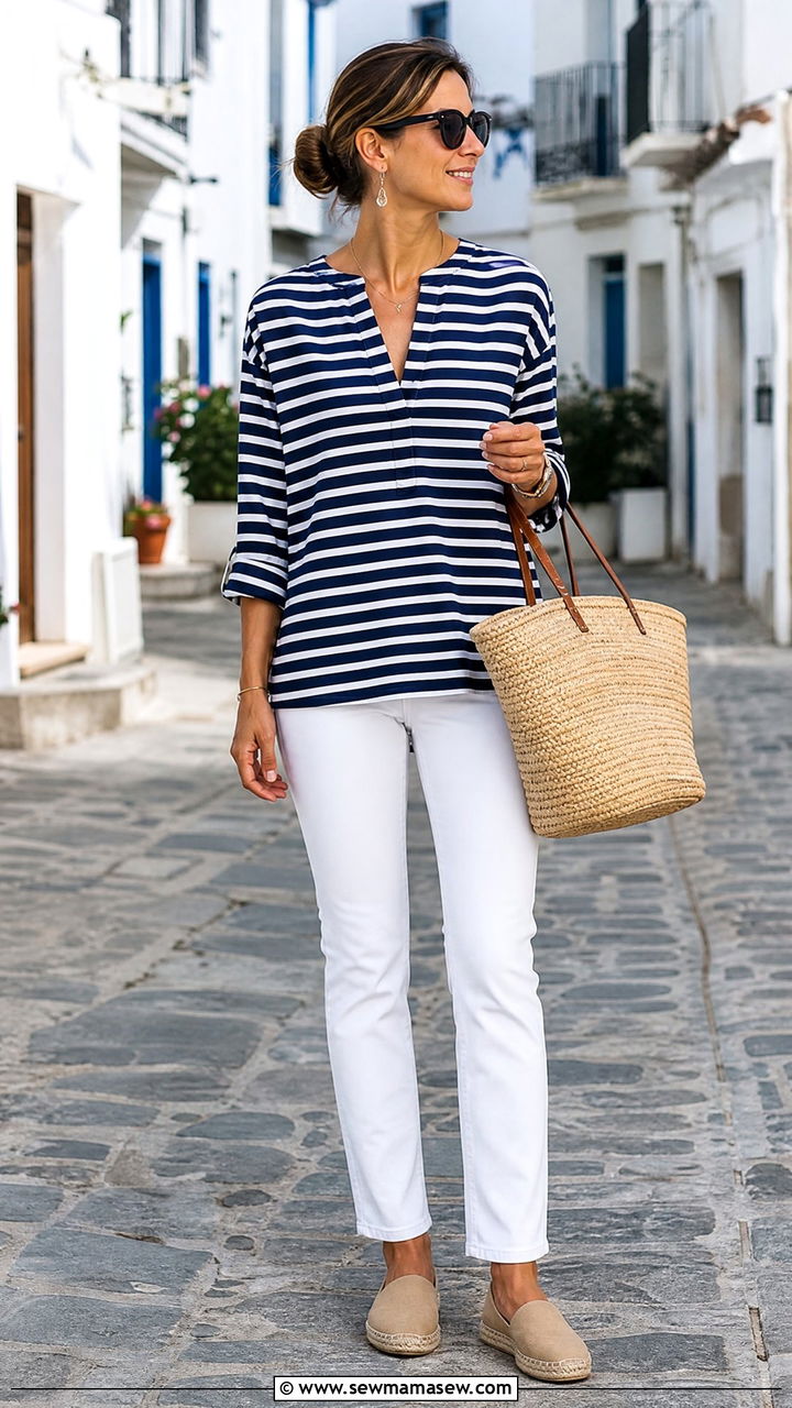 Striped Tunic Top With White Jeans - 20 tunic top outfit ideas
