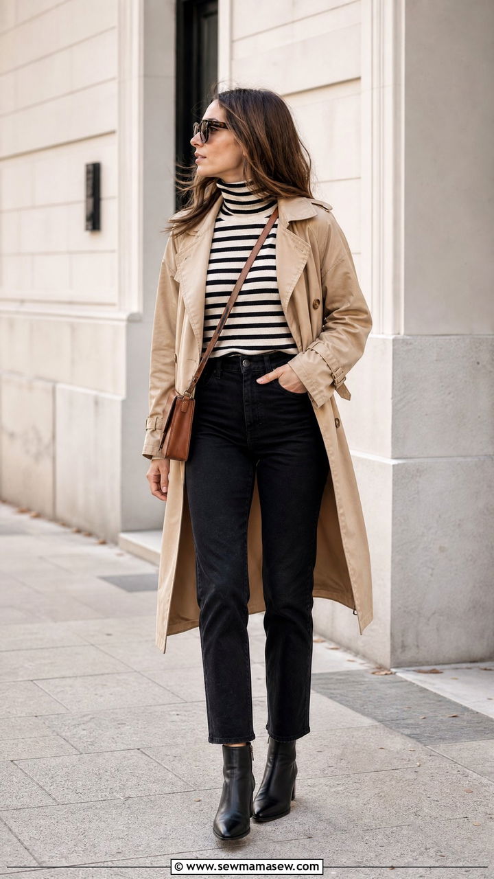 Striped Turtleneck Sweater With Black Jeans - 20 turtleneck sweater outfit ideas