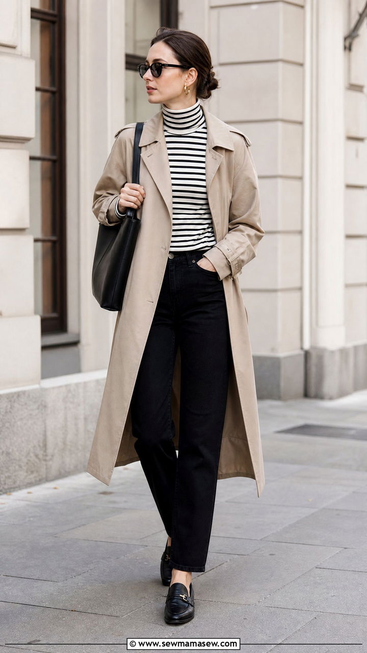 Striped Turtleneck Top With Black Jeans - 20 turtleneck top outfit ideas