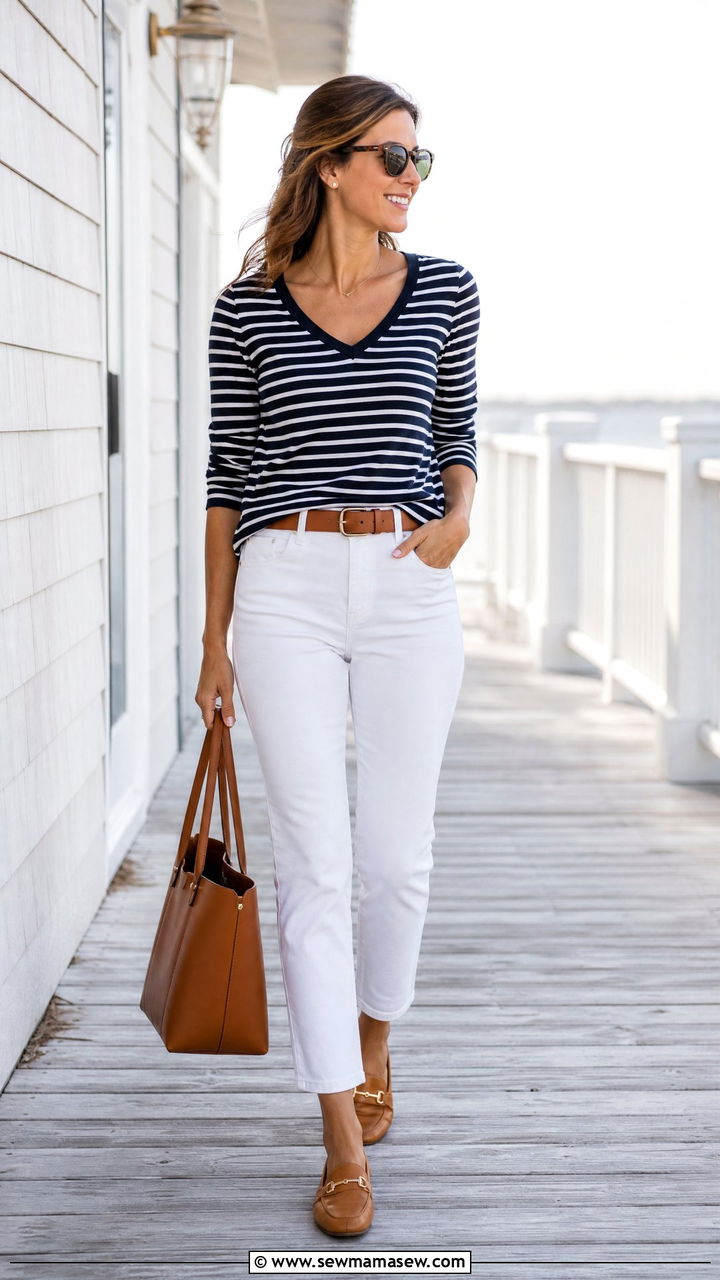 Striped V Neck Top With White Jeans - 20 v neck top outfit ideas