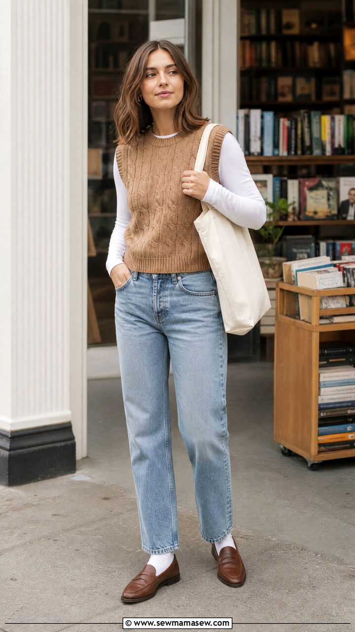 Sweater Vest With Long Sleeve Tee - 20 cozy sweater outfit ideas