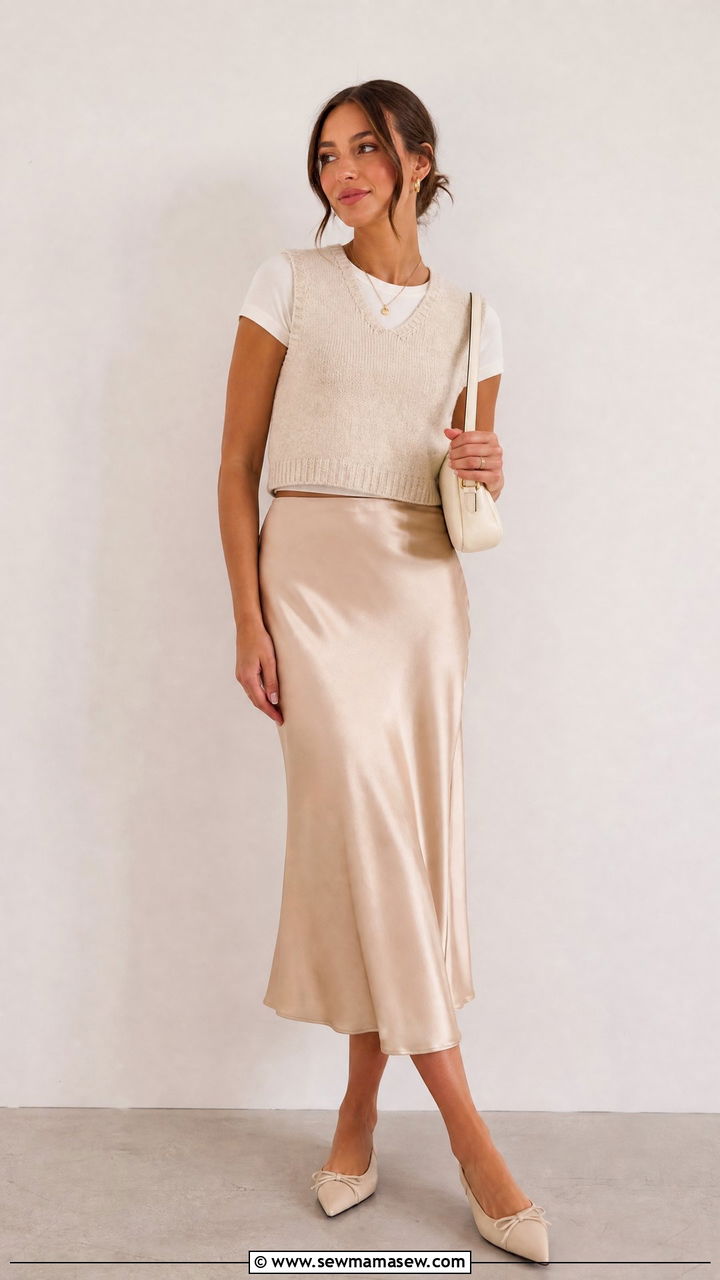 Sweater Vest With Satin Skirt - 20 sweater vest outfit ideas