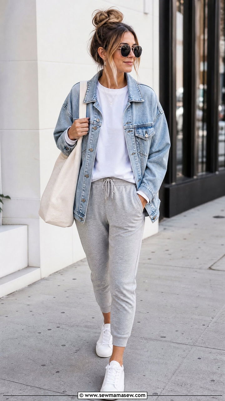Sweatshirt With Denim Jacket And Joggers - 20 sweatshirt outfit ideas