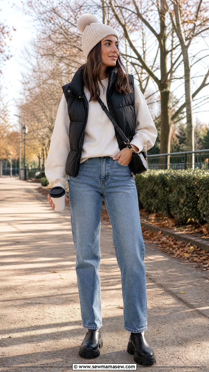 Sweatshirt With Puffer Vest And Jeans - 20 sweatshirt outfit ideas
