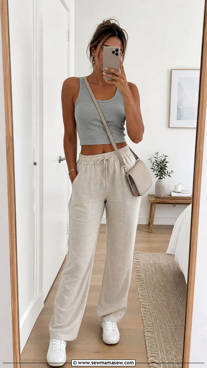 Tank Crop Top With Drawstring Linen Pants - 20 crop top with linen pants outfit ideas