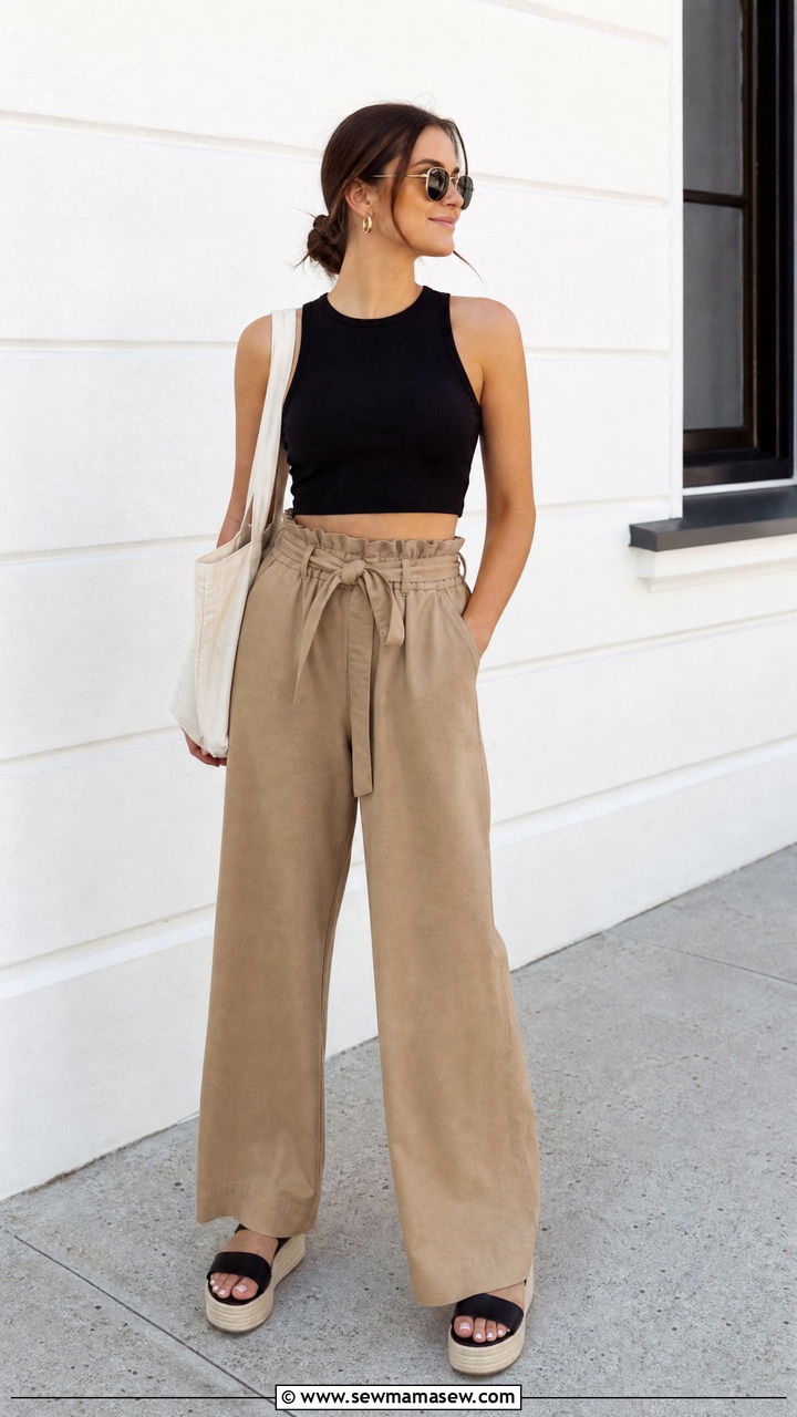 Tank Crop Top With Wide Leg Paperbag Pants Outfit - 20 crop top with paperbag pants outfit ideas