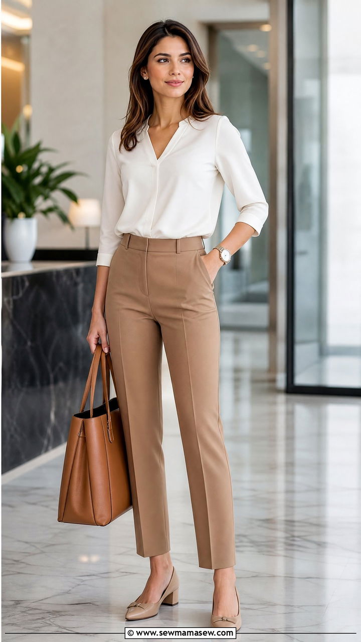 Three Quarter Sleeve Blouse With Tailored Trousers - 20 three quarter sleeve top outfit ideas