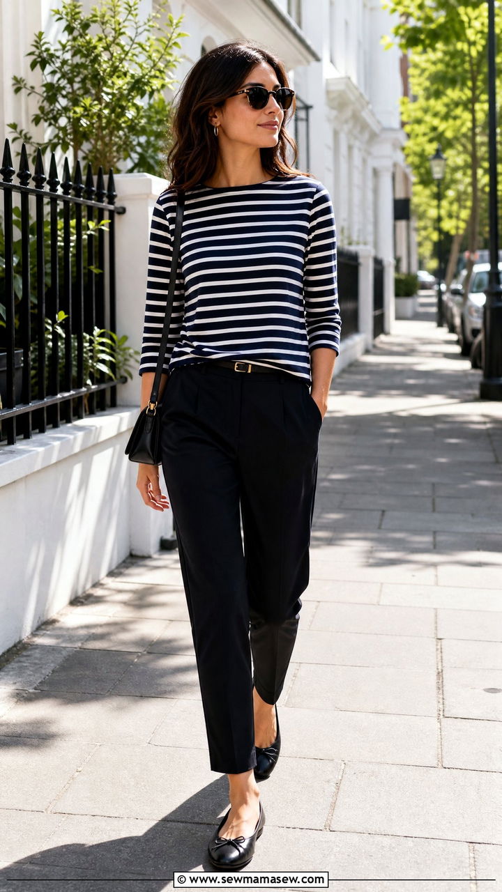 Three Quarter Sleeve Striped Top With Black Pants - 20 three quarter sleeve top outfit ideas