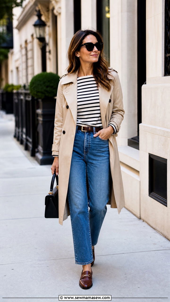 Three Quarter Sleeve Top With Trench Coat And Jeans - 20 three quarter sleeve top outfit ideas