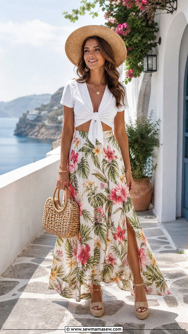 Tie Front Crop Top With Floral Maxi Skirt Outfit - 20 crop top with floral maxi skirt outfit ideas