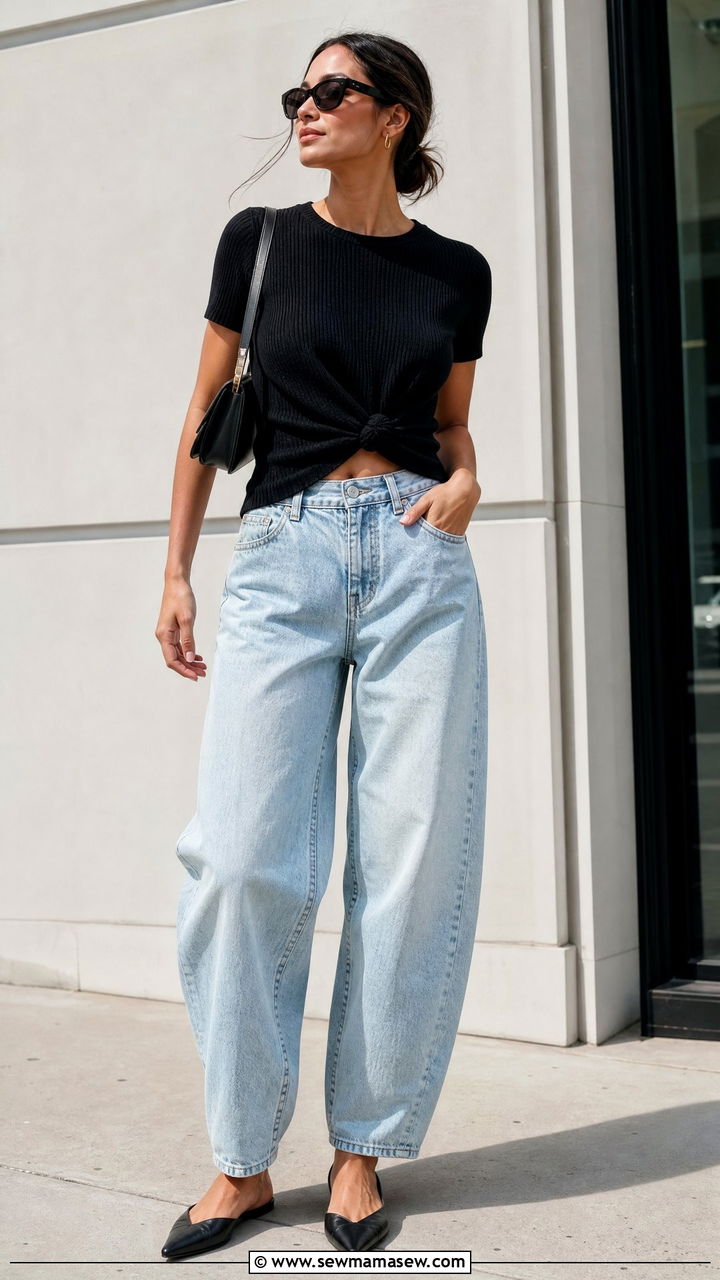 Tie Front Top With Barrel Jeans - 20 tie front top outfit ideas