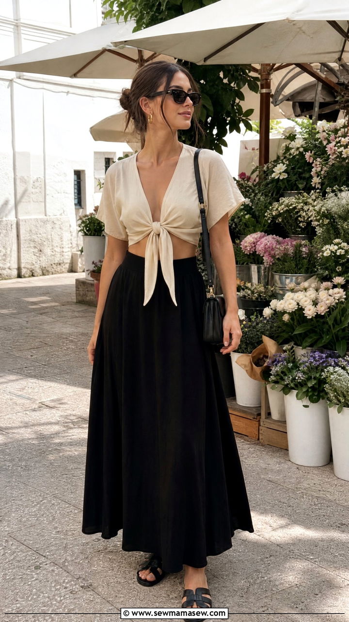 Tie Front Top With Black Maxi Skirt - 20 tie front top outfit ideas