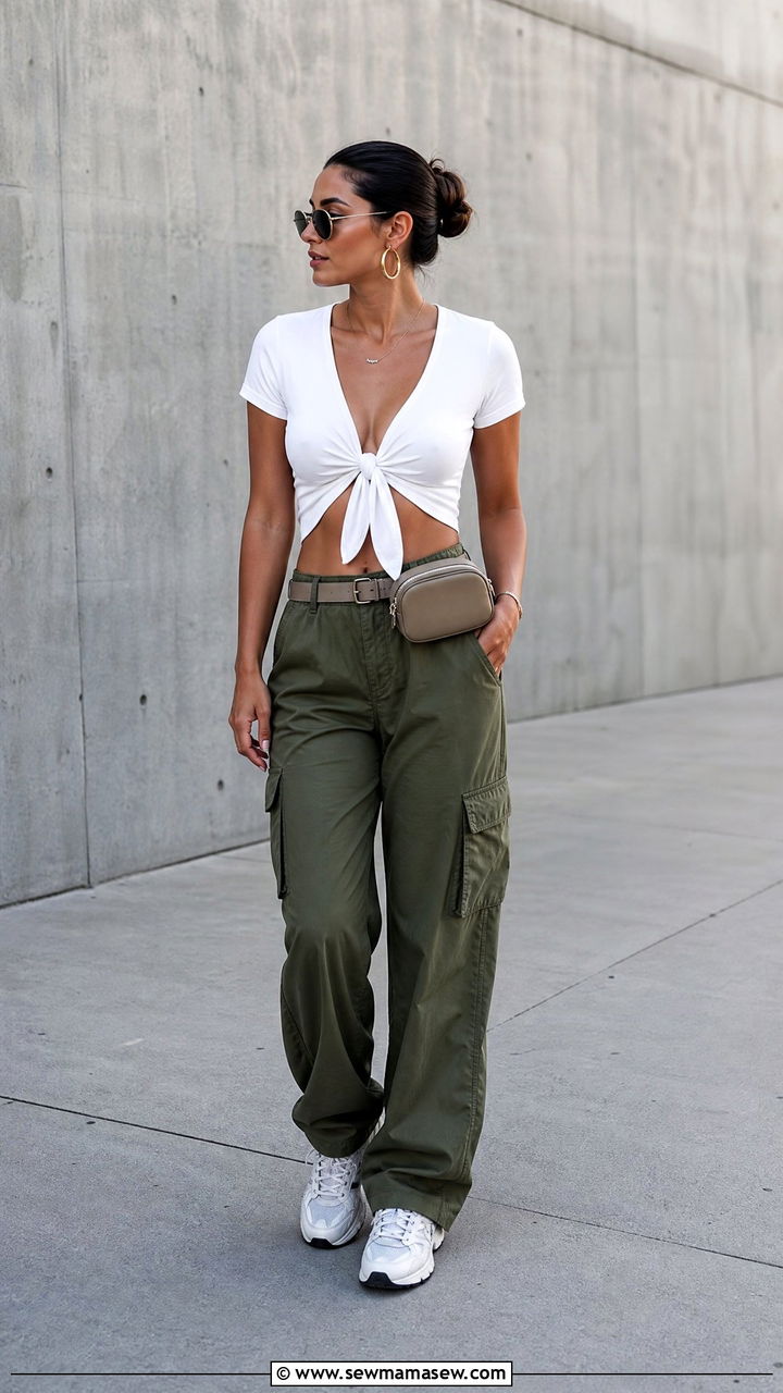 Tie Front Top With Cargo Pants - 20 tie front top outfit ideas