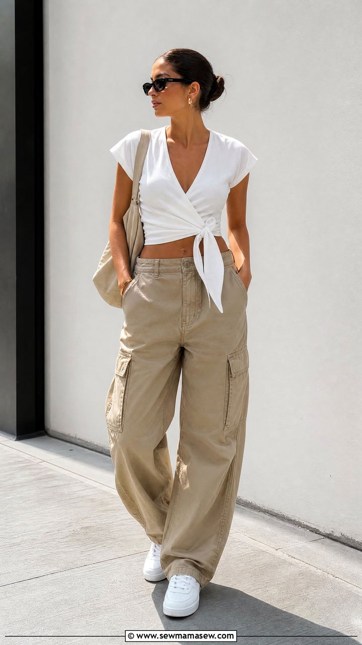 Tie Front Wrap Top With Cargo Pants - 20 tie front wrap top outfit ideas