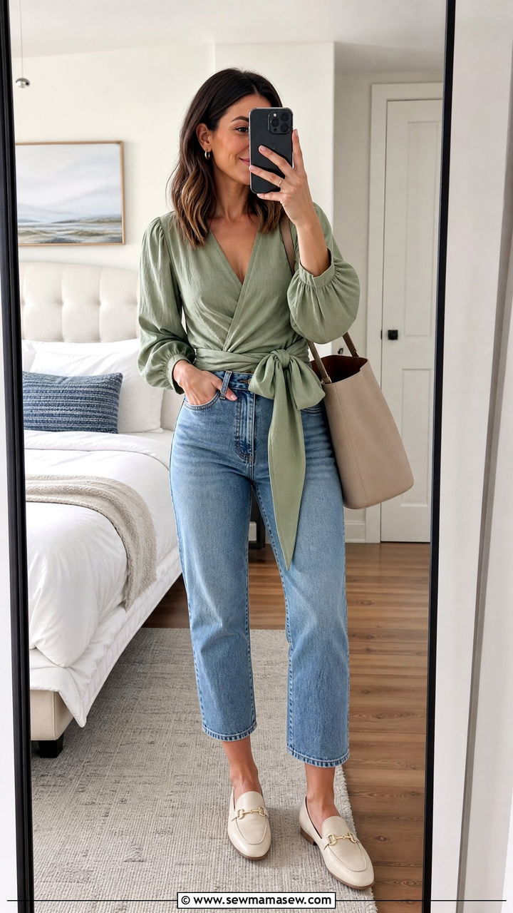 Tie Front Wrap Top With Cropped Jeans - 20 tie front wrap top outfit ideas