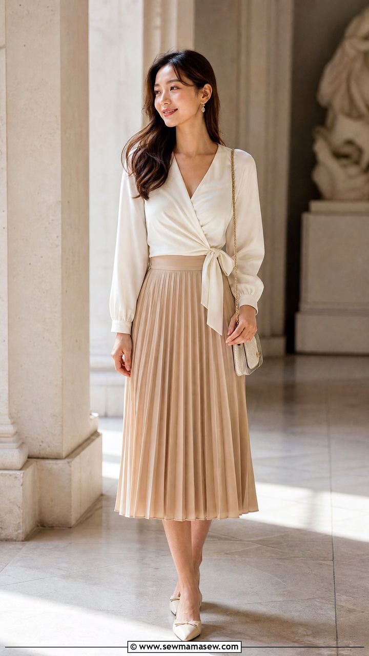 Tie Front Wrap Top With Pleated Skirt - 20 tie front wrap top outfit ideas