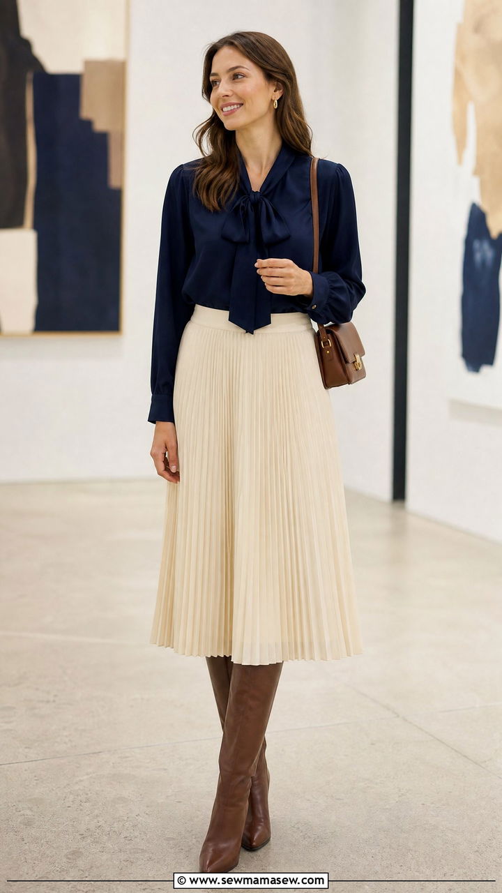 Tie Neck Blouse With A Midi Skirt - 20 tie neck blouse outfit ideas