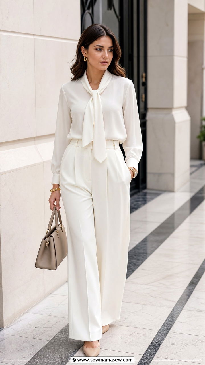 Tie Neck Blouse With A Monochrome Outfit - 20 tie neck blouse outfit ideas