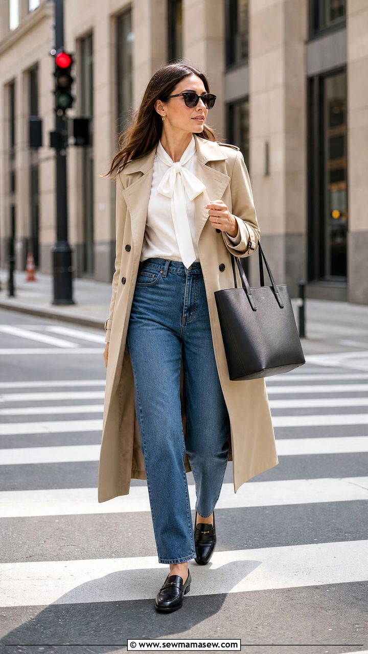 Tie Neck Blouse With A Trench Coat - 20 tie neck blouse outfit ideas