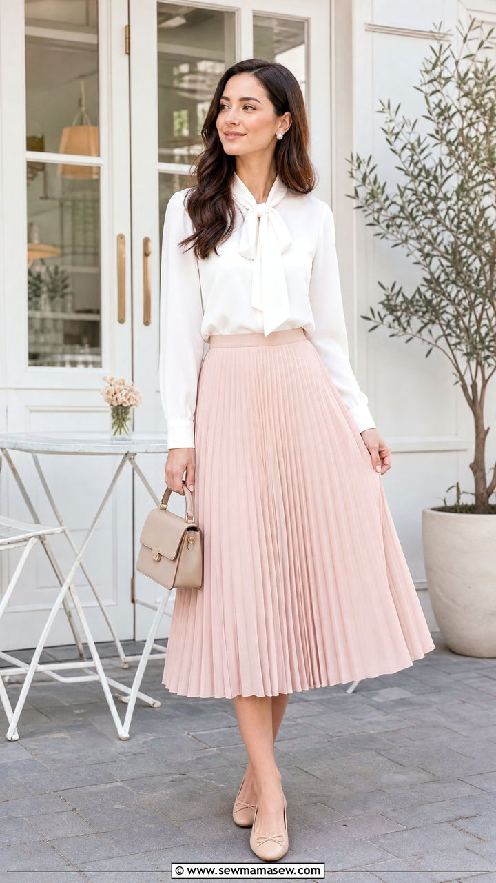 Tie Neck Blouse With Pleated Skirt - 20 tie neck blouse outfit ideas
