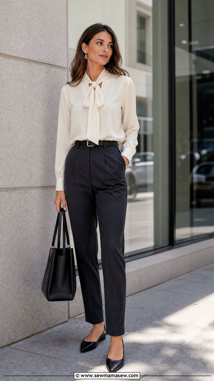 Tie Neck Blouse With Tailored Trousers - 20 tie neck blouse outfit ideas