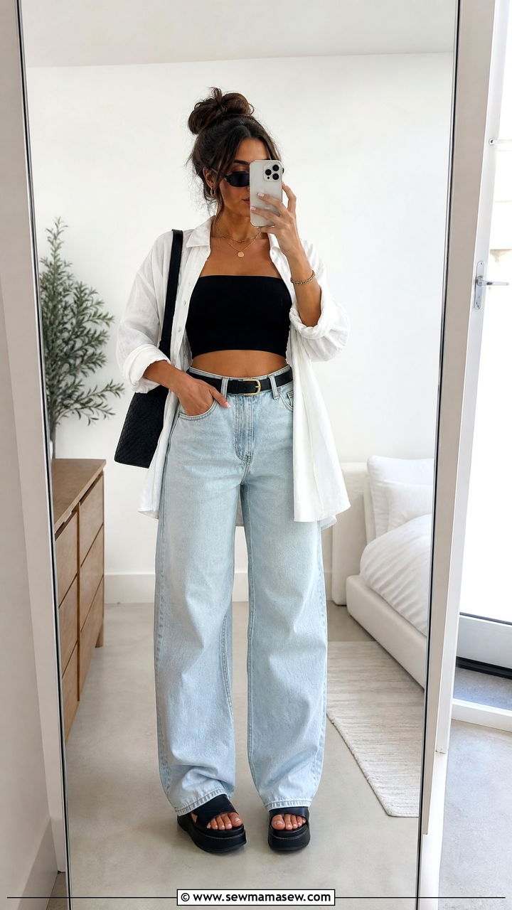 Tube Crop Top And High Waisted Jeans - 20 crop top and high waisted jeans outfit ideas