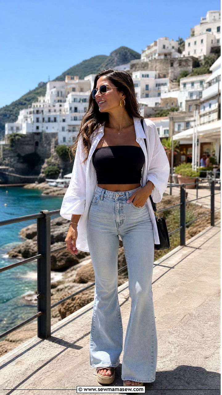 Tube Crop Top With Bell Bottom Jeans - 20 crop top with bell bottom jeans outfit ideas