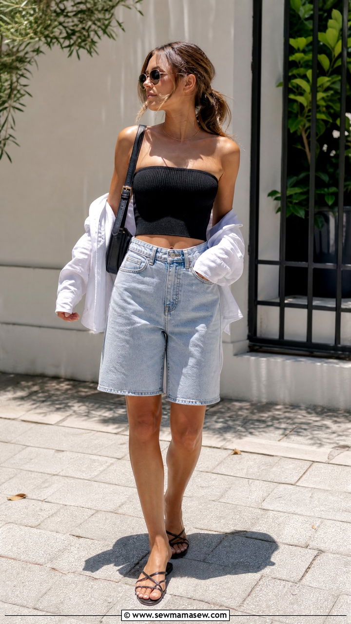 Tube Crop Top With Bermuda Denim Shorts Outfit - 20 crop top with bermuda denim shorts outfit ideas