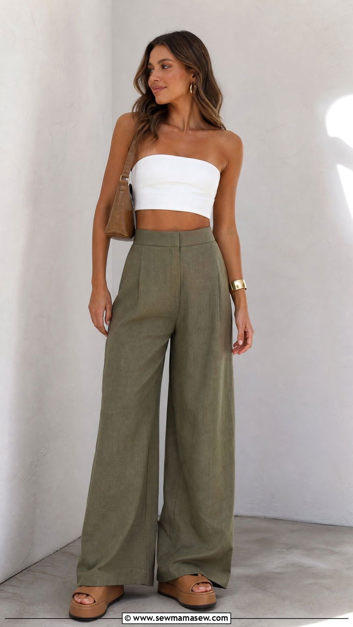 Tube Crop Top With Linen Wide Leg Pants - 20 crop top with linen wide leg pants outfit ideas