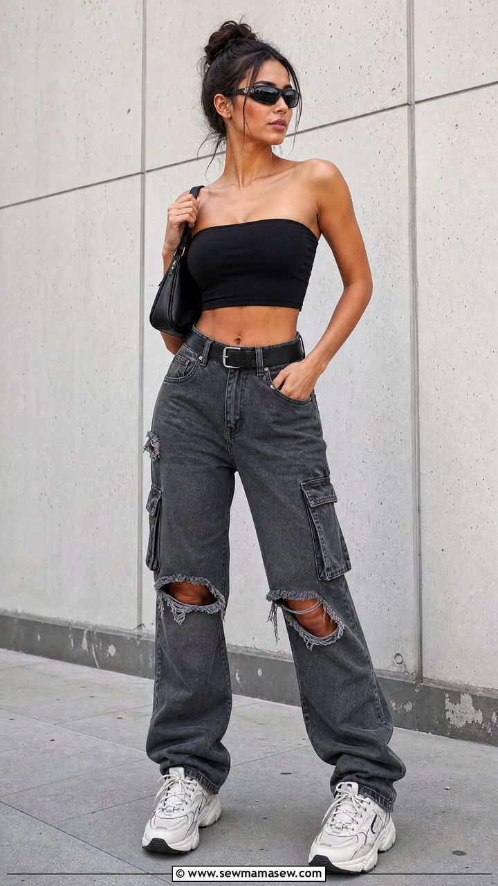 Tube Crop Top With Ripped Cargo Jeans - 20 crop top with ripped jeans outfit ideas