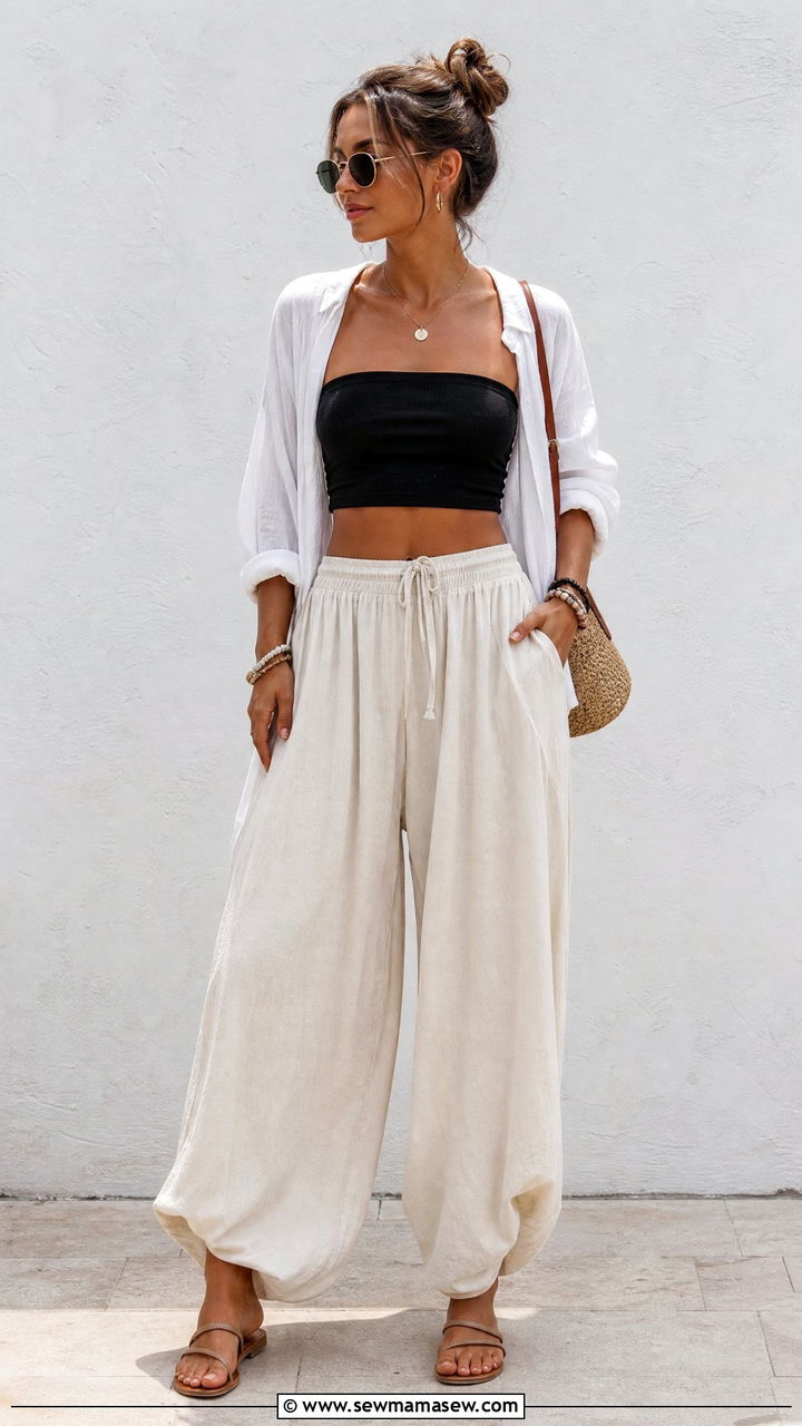 Tube Crop Top With Wide Leg Harem Pants - 20 crop top with harem pants outfit ideas
