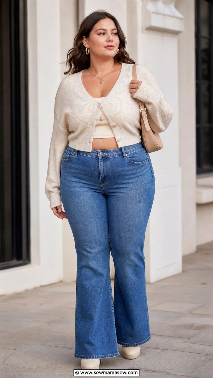 Tube Top Outfit With Cropped Cardigan And Flares - 20 plus size going out tube top outfit ideas
