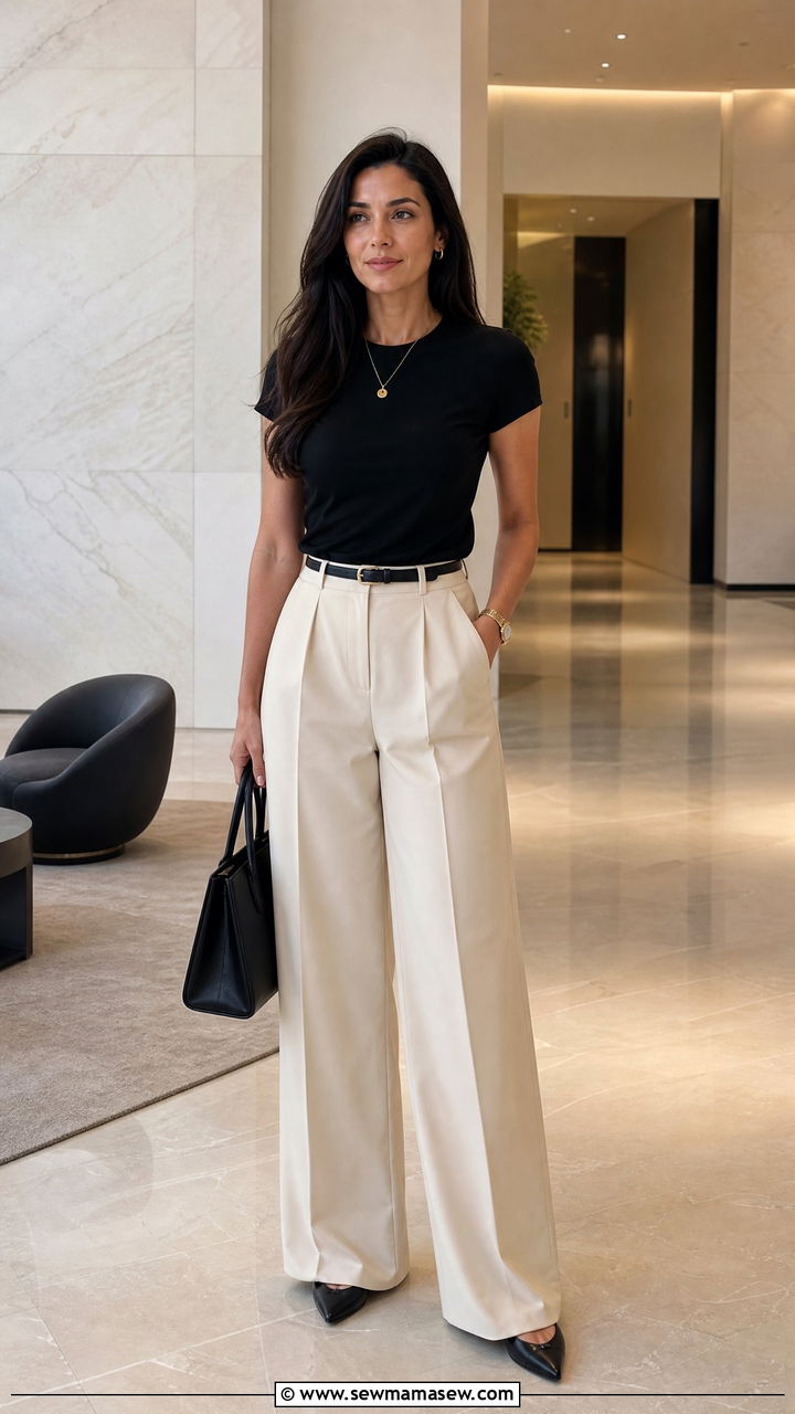 Tucked In Black T Shirt With Wide Leg Trousers - 20 tucked in t shirt outfit ideas