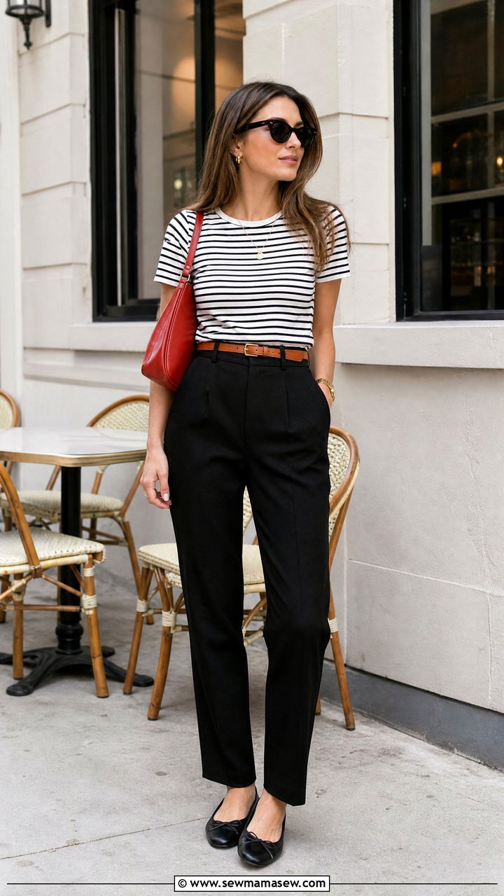 Tucked In Striped T Shirt With Black Pants - 20 tucked in t shirt outfit ideas