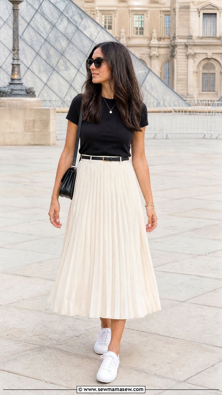 Tucked In T Shirt With Pleated Midi Skirt - 20 tucked in t shirt outfit ideas