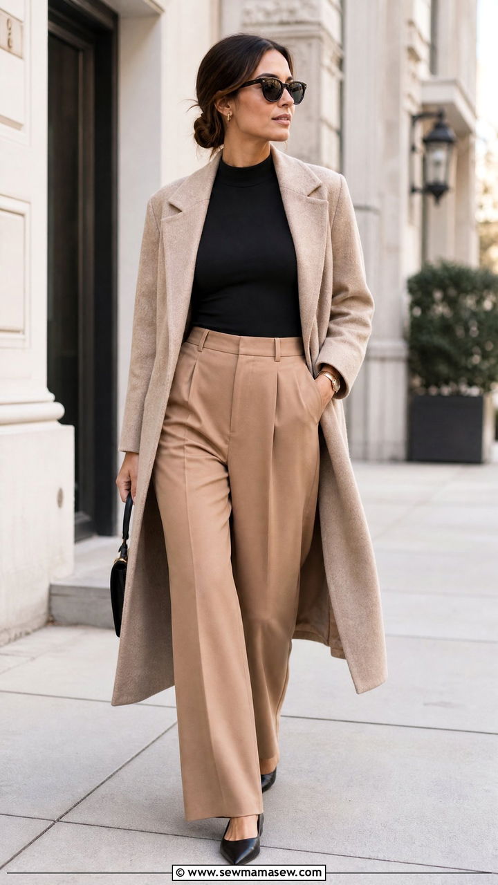 Tummy Control Mock Neck Top With Pleated Pants - 20 tummy control top outfit ideas