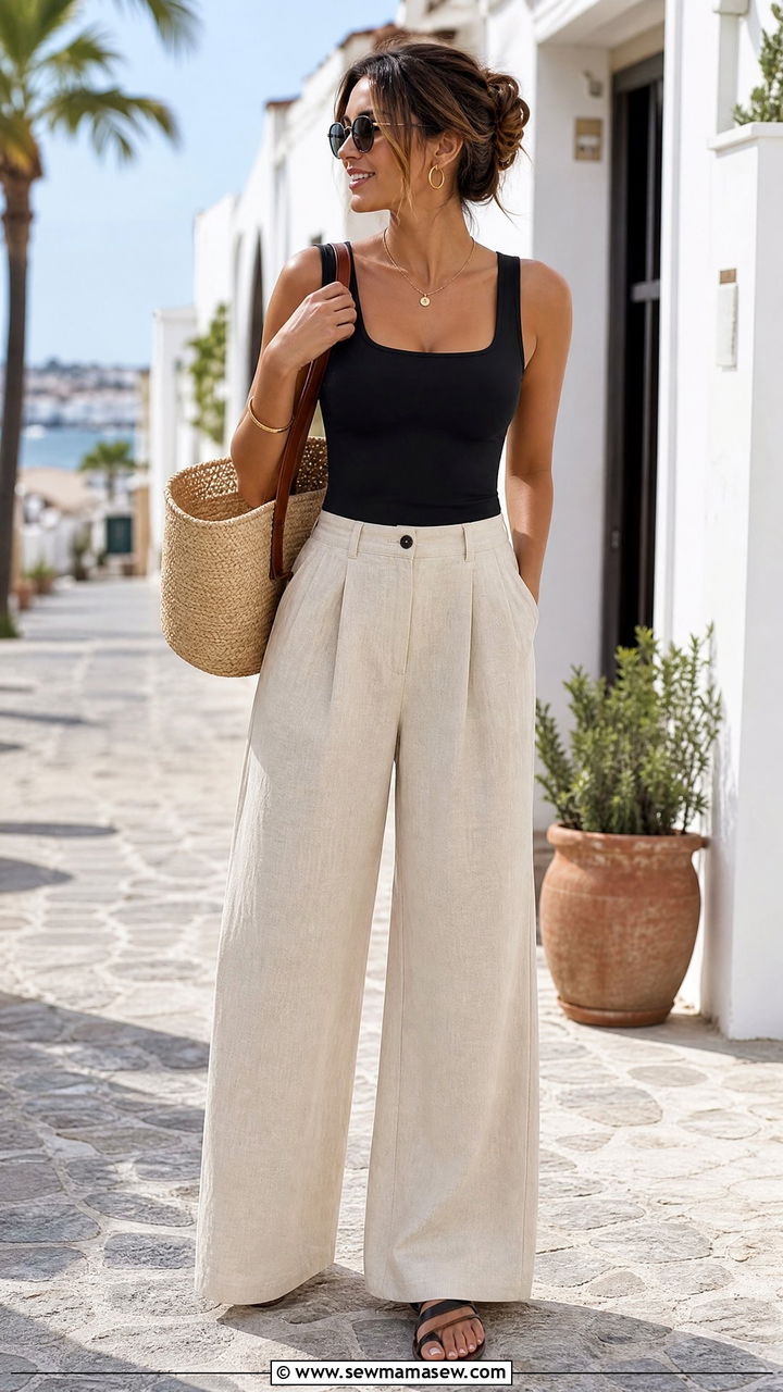 Tummy Control Square Neck Top With Linen Pants - 20 tummy control top outfit ideas