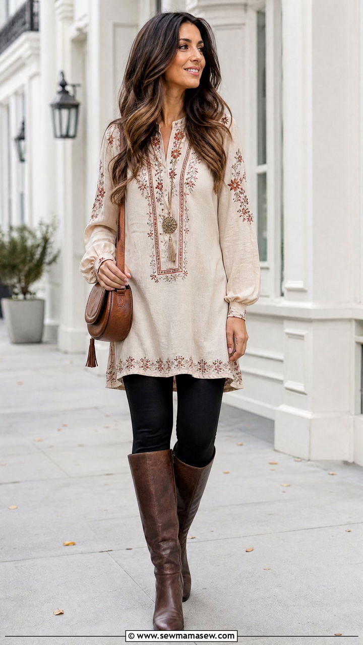Tunic Boho Top With Leggings And Boots - 20 boho top outfit ideas
