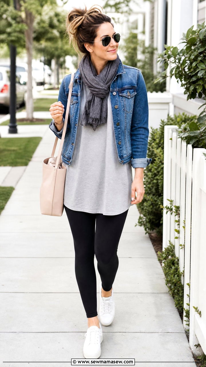 Tunic Top With Denim Jacket And Leggings - 20 tunic top outfit ideas