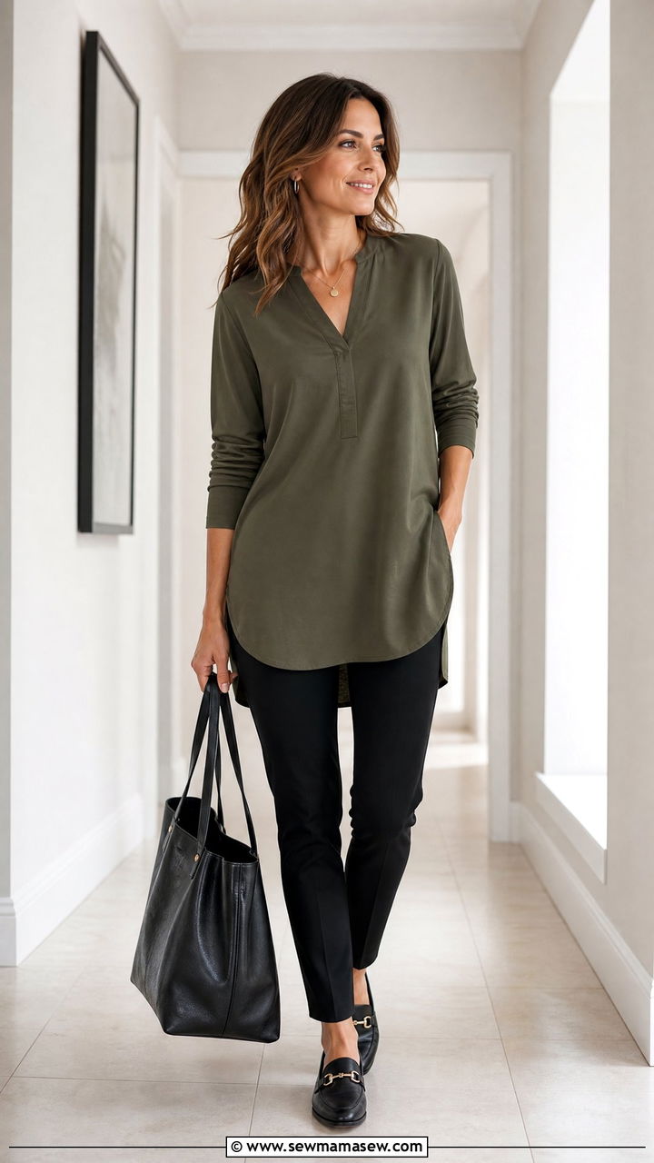 Tunic Top With Slim Pants - 20 tops to hide belly outfit ideas