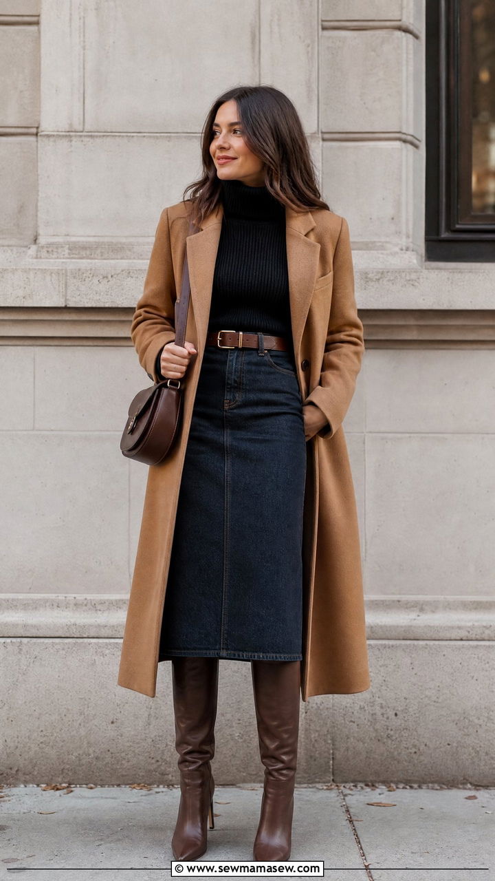 Turtleneck Sweater With Denim Skirt And Boots - 20 turtleneck sweater outfit ideas