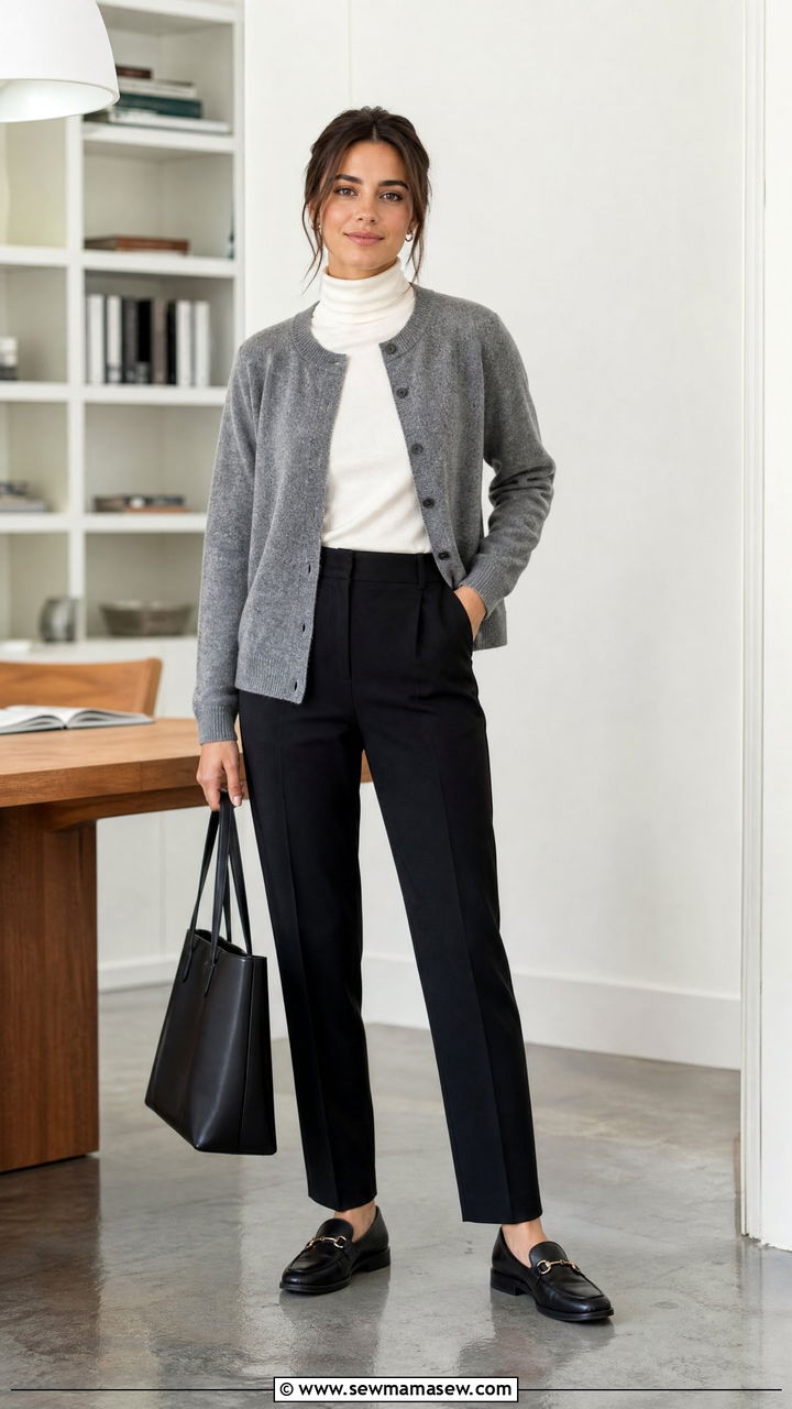 Turtleneck Top With Cardigan And Trousers - 20 turtleneck top outfit ideas