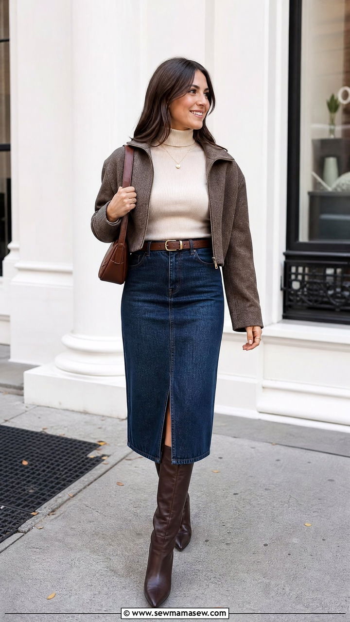Turtleneck Top With Denim Skirt - 20 turtleneck top outfit ideas