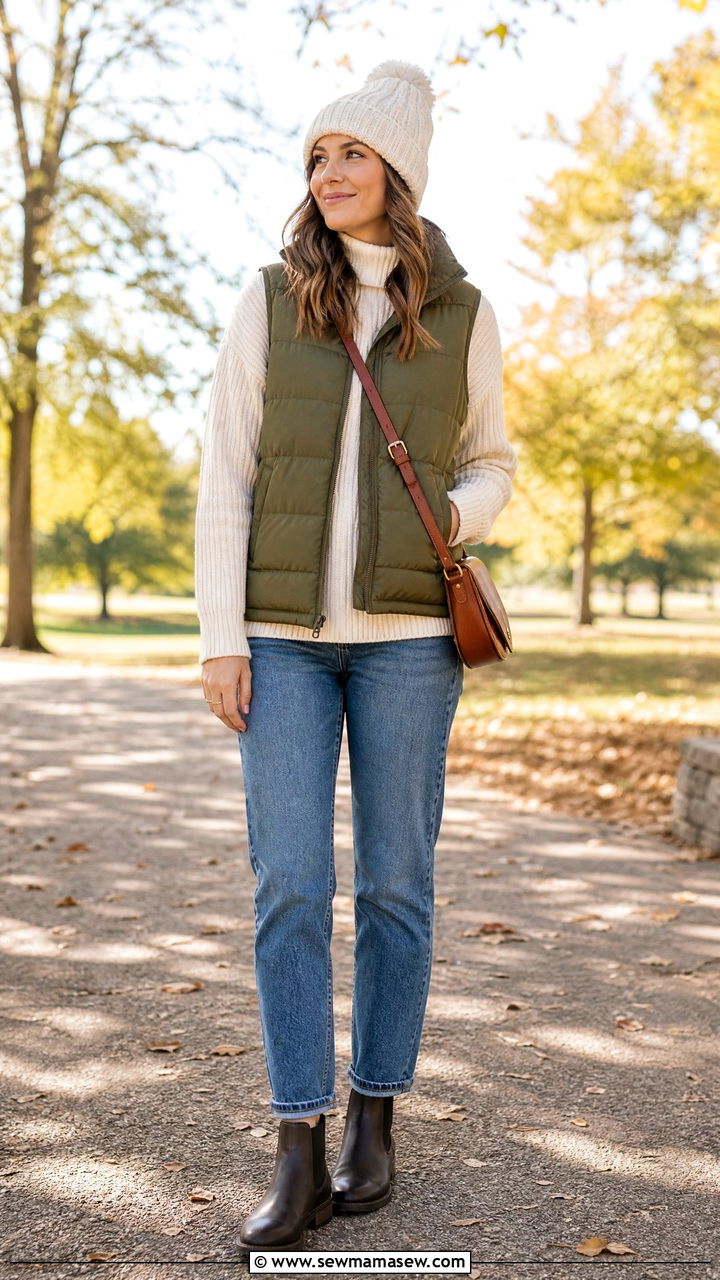 Turtleneck Top With Puffer Vest - 20 turtleneck top outfit ideas